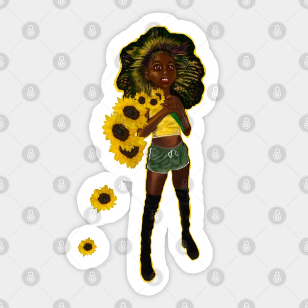 Anime Afro anime sunflower wielding warrior princess - beautiful girl with Afro hair, brown eyes and dark brown skin Sticker by Artonmytee